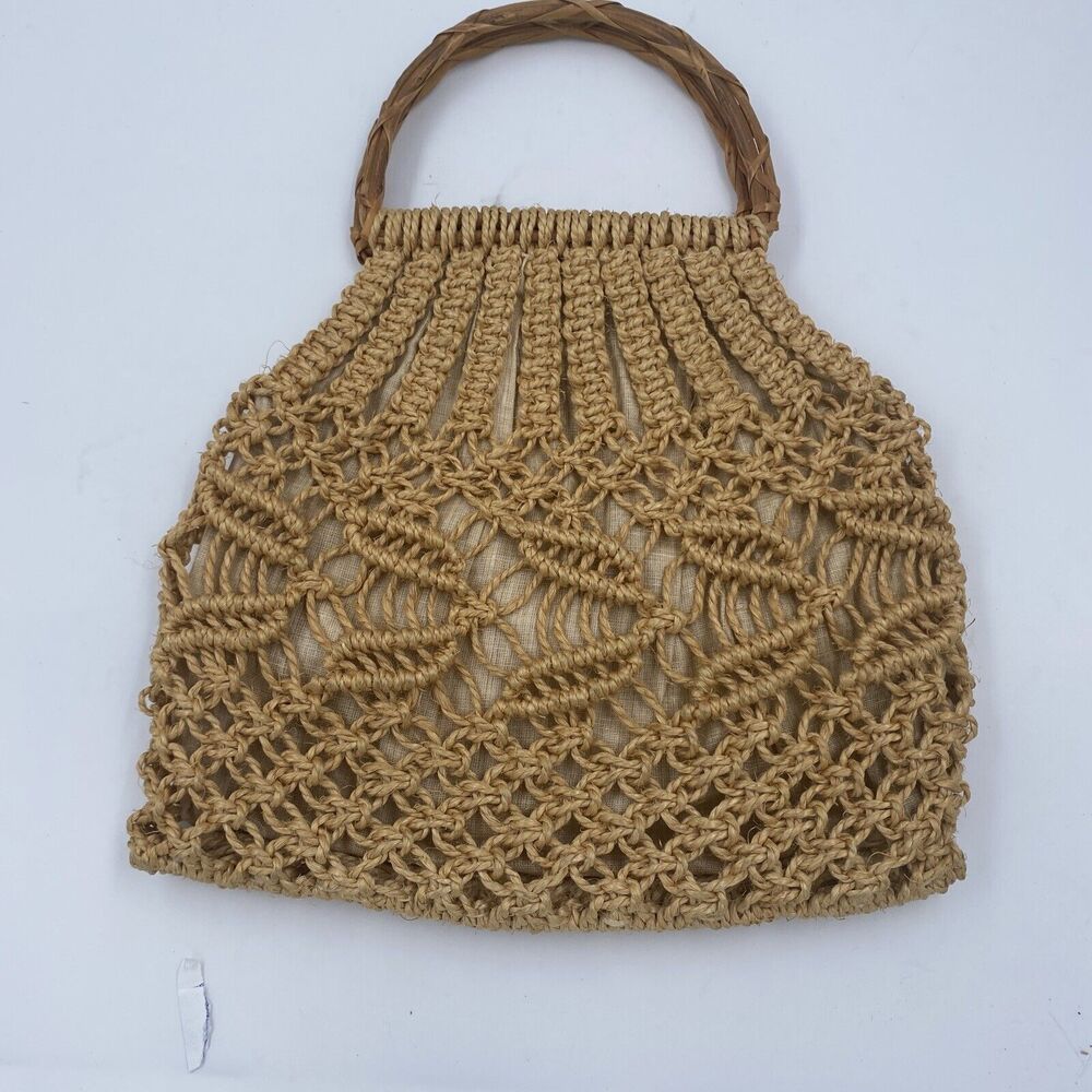 Woman crochet beige wooden handle beach tote Lined shoulder bag